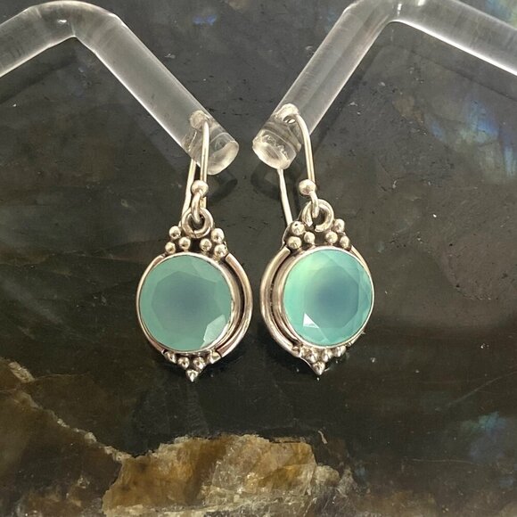 Sterling Silver 925 YS India Round Faceted Chalcedony Quartz Dangle Earrings - Picture 7 of 16